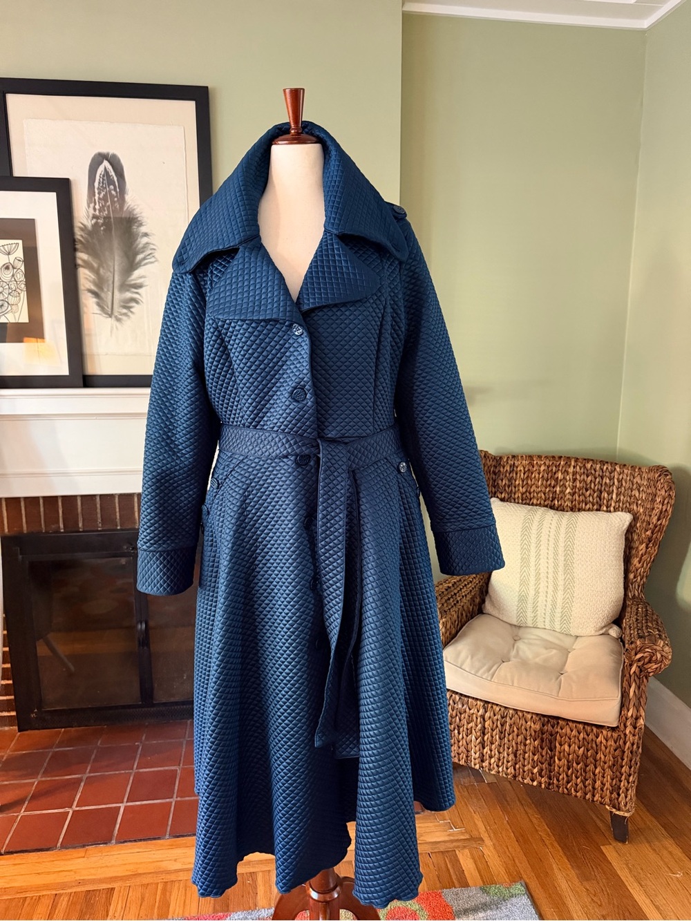Rare Samuel Dong Ice Blue / Dark Teal Diamond-Quilted Jacquard Coat Dress - 3X